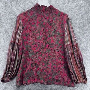 BL^NK London Boho Sheer High Neck Blouse Medium Mixed Print Striped Sleeve